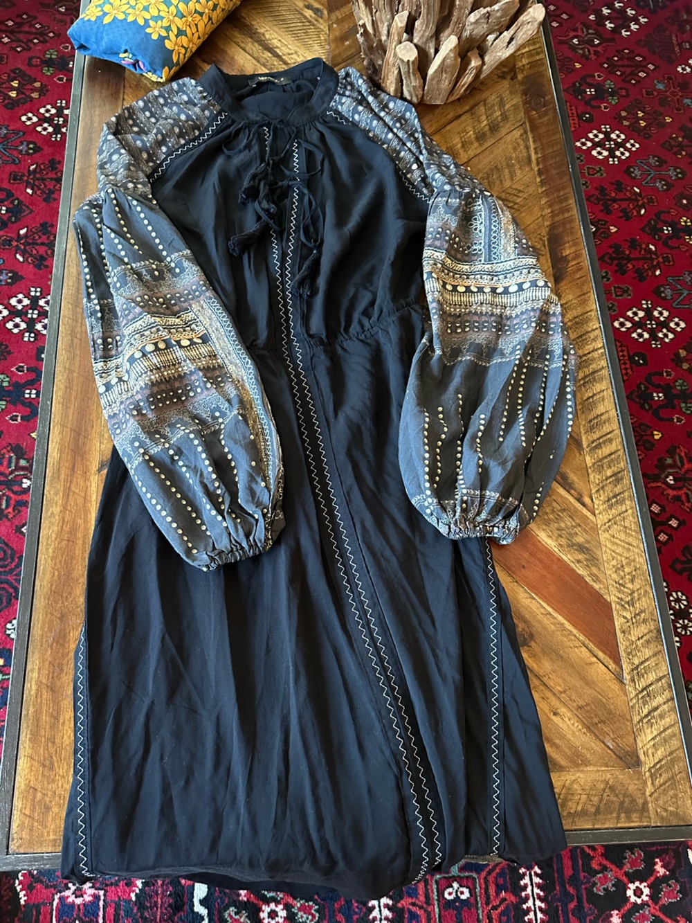 Lez a Lez Black Boho Maxi Dress with Patterned Puff Sleeves from Brazil 🇧🇷